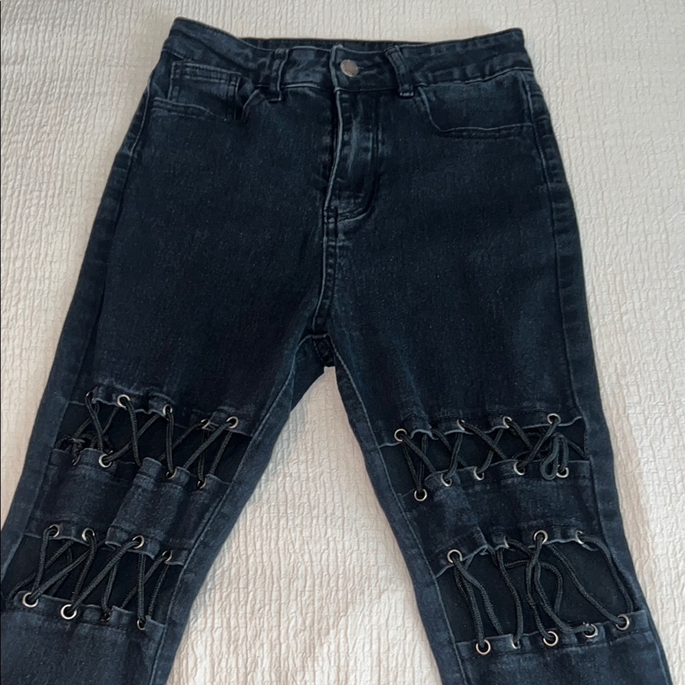Stylish Black Lace-Up Women's Jeans